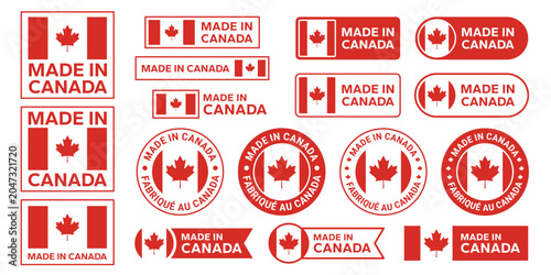 Made in Canada flag icon set vector, badge, banner, circle, sticker, logo, symbol, stamp, line, flat vector, isolated on white background. Canada product label commerce business.
