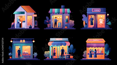 Canvas-taulu Collection Of Six Diverse Small Shops And Businesses Illuminated At Dusk With Wa