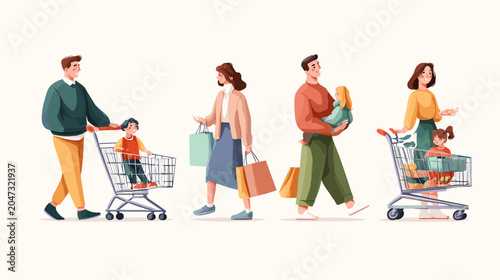 Tableau sur toile Diverse Families Enjoying Shopping Excursion With Children And Full Grocery Cart