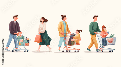 Photos Diverse families push shopping carts with children in a brightly lit grocery sto