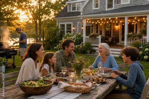 Outdoor family dinner at rustic wooden table, backyard gathering with string lights, cozy autumn evening meal celebration isolated PNG with Transparent Background