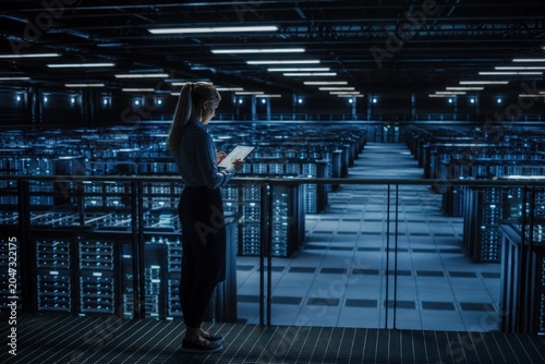 Futuristic data center interior, woman using tablet in server room, blue LED racks and network infrastructure security isolated PNG with Transparent Background