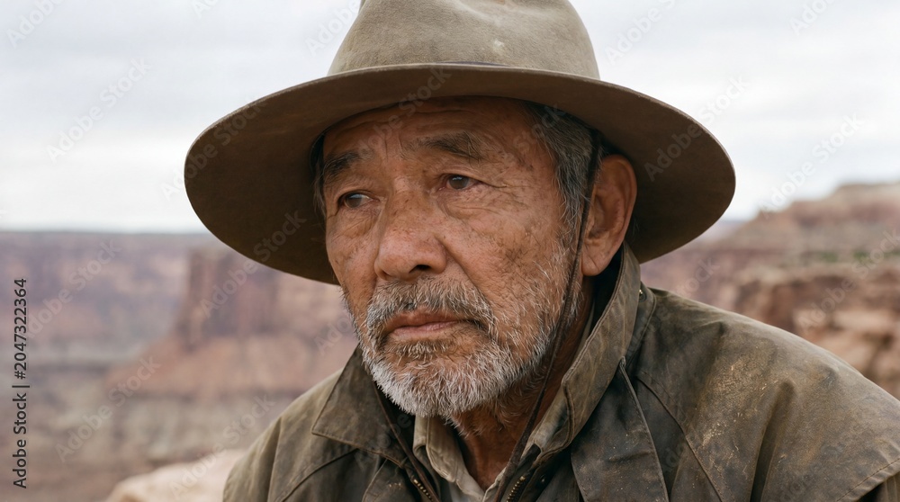 Fototapeta premium A weathered indigenous man with deep-set eyes and a thoughtful expression wears a fedora and outdoor clothing, set against a dramatic backdrop of rugged desert canyons.