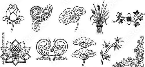 Fényképezés Traditional Korean Lotus and Bamboo Line Art Set - Oriental Decorative Motif Col