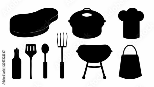 Set of barbecue icons, grill equipment and cooking tools, steak, chef hat and apron, vector illustration
