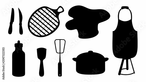 Set of kitchen utensils and cooking equipment silhouettes, including chef hat, apron, pot, knives, spatula, and whisk