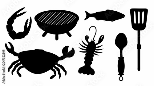 Set of seafood and barbecue grill silhouettes, including crab, lobster, fish, spatula, spoon, and grill