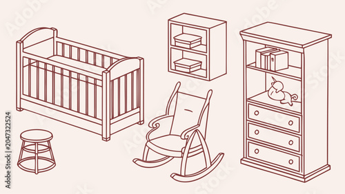 Nursery furniture collection set outline illustration with furniture, bookshelf