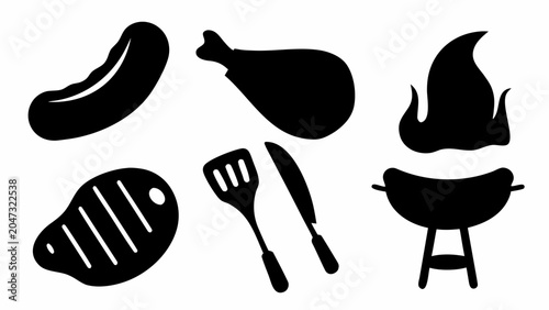 Set of barbecue icons, including meat, sausage, chicken leg, grill tools and a grill with fire