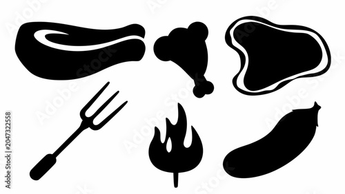 Set of barbecue icons, including meat, chicken leg, steak, grill fork, fire flame and sausage