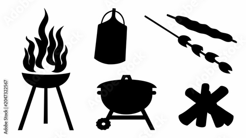 Set of black silhouettes of barbecue equipment, grill, fire, skewers and firewood