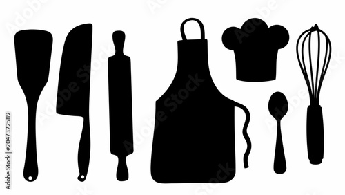 Set of kitchen utensils silhouettes including chef hat, apron, rolling pin, knife, spatula, spoon and whisk