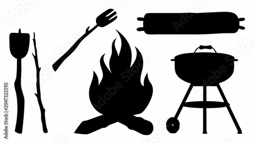 Set of barbecue and camping equipment silhouettes including a campfire, grill, roasting stick, and sausage