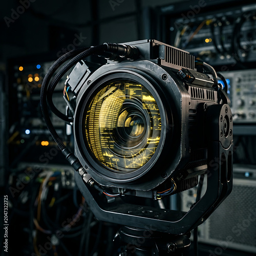 High-tech camera lens reflecting lights in a server room