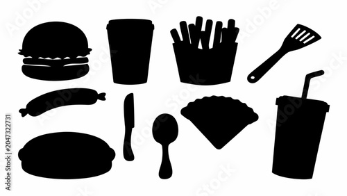 Set of fast food icons and kitchen utensils silhouettes, including burger, fries, drink, spatula, sausage, knife, spoon and taco