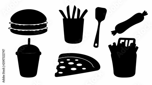 Set of fast food icons silhouette, including burger, french fries, drink, pizza slice, sausage and spatula