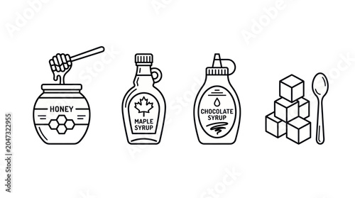 Tableau sur toile Breakfast sweeteners and condiment line icons set