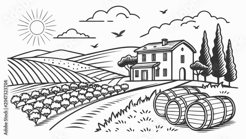 Vineyard landscape with winery building and barrels vineyard landscape