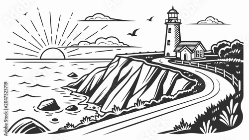 Lighthouse coastal landscape at sunrise illustration with lighthouse, landscape