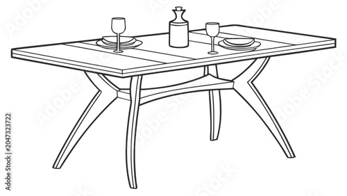 Line art drawing of modern wooden dining table with place settings, furniture