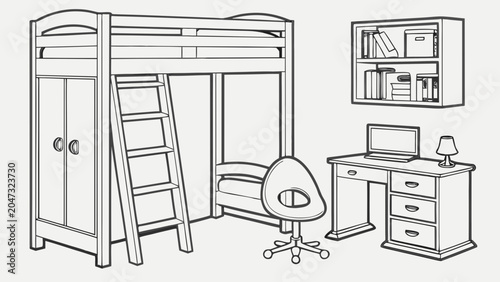 Childrens bedroom loft bed with desk and bookshelf line art furniture children