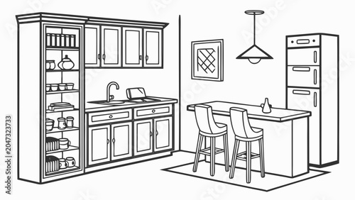 Modern kitchen interior with cabinets and island line art interior cabinets