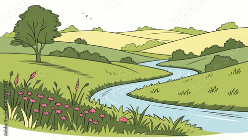 Hand drawn landscape with winding river and green hills landscape illustration