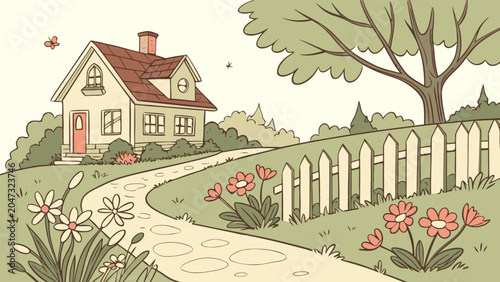 Charming suburban cottage landscape illustration with garden path and white
