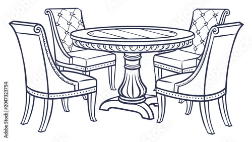 Elegant dining table and four tufted chairs line art illustration with furniture
