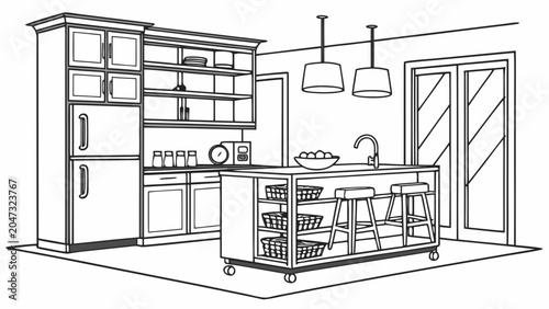 Modern kitchen interior layout drawing with island and appliances, interior