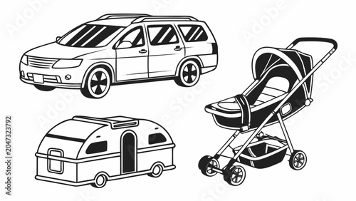 Vehicle and baby gear collection including car trailer and stroller