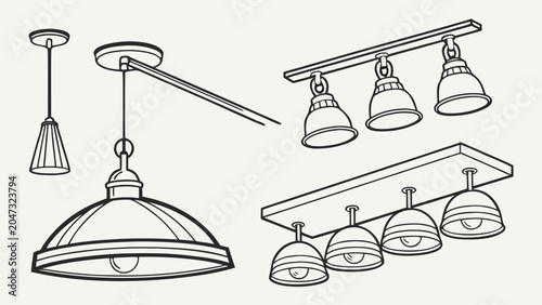 Collection of various decorative ceiling hanging light fixtures with lighting