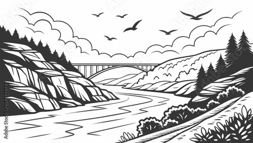 Scenic mountain river landscape illustration with bridge and birds, mountain