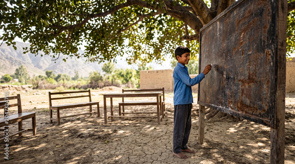 Fototapeta premium Young Student at Outdoor Village Classroom Blackboard