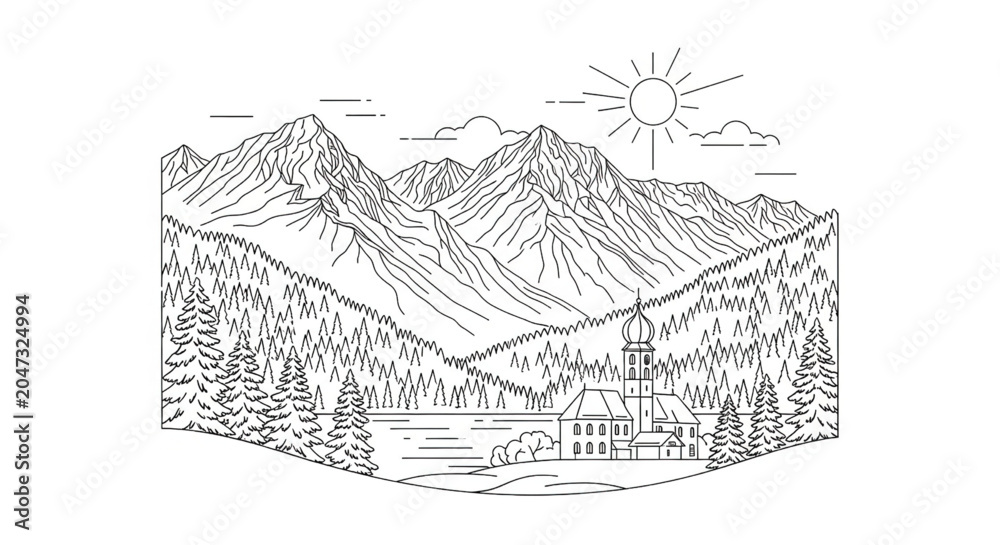 Naklejka premium Mountain landscape with trees and building.