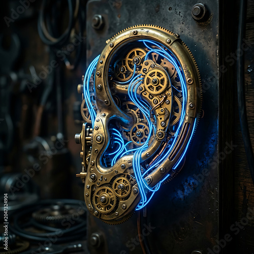 Steampunk Ear with Gears and Neon Lights on a Workshop Wall