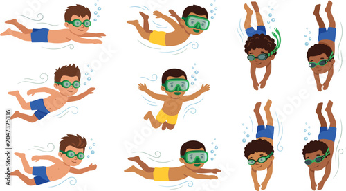 Cute Cartoon Boy Swimming and Diving Vector Set with Diverse Skin Tones and Goggles for Kids Sport and Summer Designs
