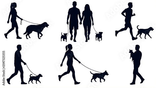 Dog Walking People Silhouette Transparent Set 1