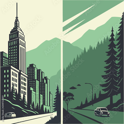 Abstract split view of urban skyline and scenic forest roadway illustration