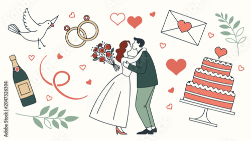 Wedding celebration romantic couple kissing with hearts and festive icons