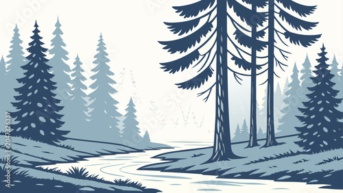 Stylized forest landscape illustration with flowing stream landscape peaceful