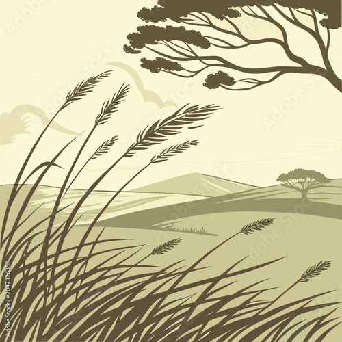 Peaceful meadow landscape illustration with tall grass and rolling hills