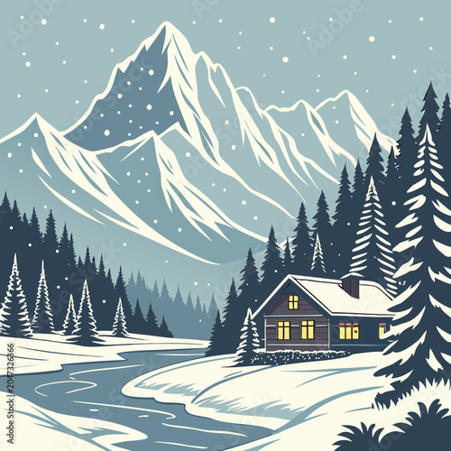 Cozy log cabin in snowy mountain winter landscape with mountains, landscape