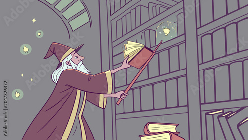 Wizard casting magic spell in ancient library with bookshelf sorcerer mystical
