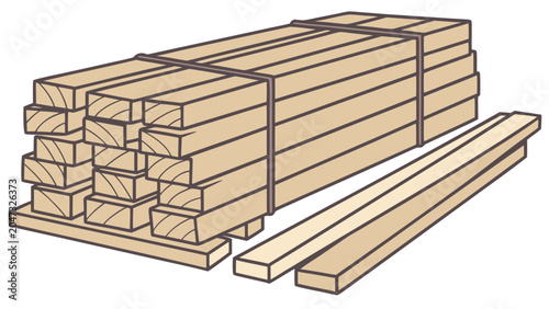 Stack of wooden planks and timber on pallet with construction, building