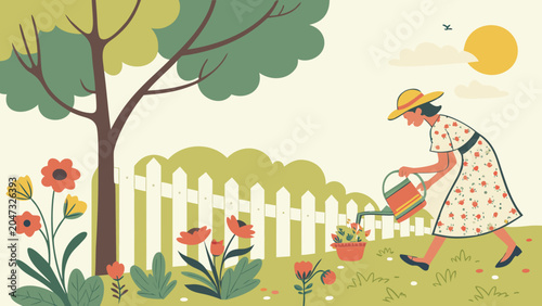 Woman gardening and watering flowers in sunny backyard with watering can