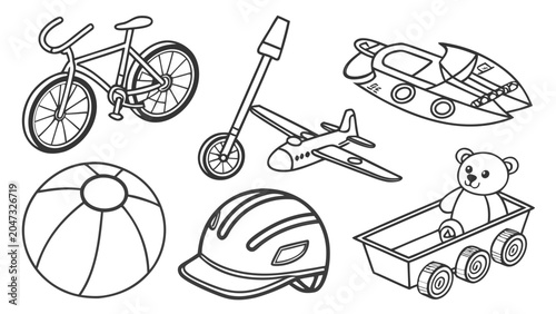 Konstfotografi Collection of children toys and sports equipment line art with children
