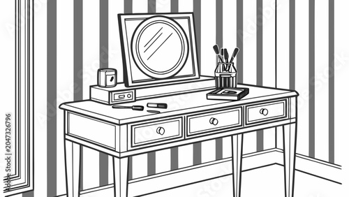 Foto Black and white line art dressing table with mirror and makeup accessories
