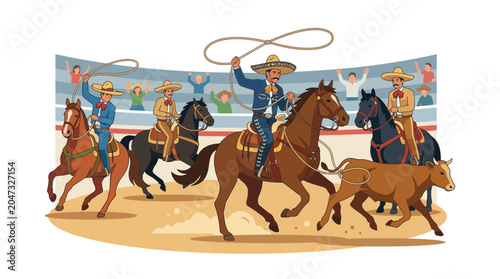 Photos Charros Lassoing Bull in Rodeo Arena, Mexican Equestrian Tradition