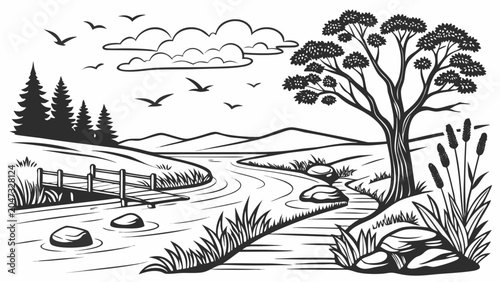 Serene landscape with river bridge and trees line art drawing, landscape